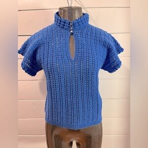💙 HANDMADE – Blue Crocheted Top – Size S (estimated)